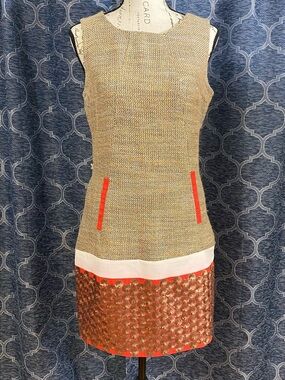 NORM Beige Vintage Tweed Mini Dress with Coral and Gold Trim